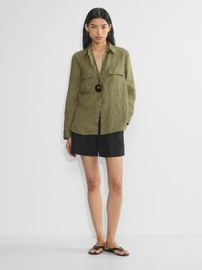 Babaton Utility Olive Green Linen-Blend Button Shirt Aritzia